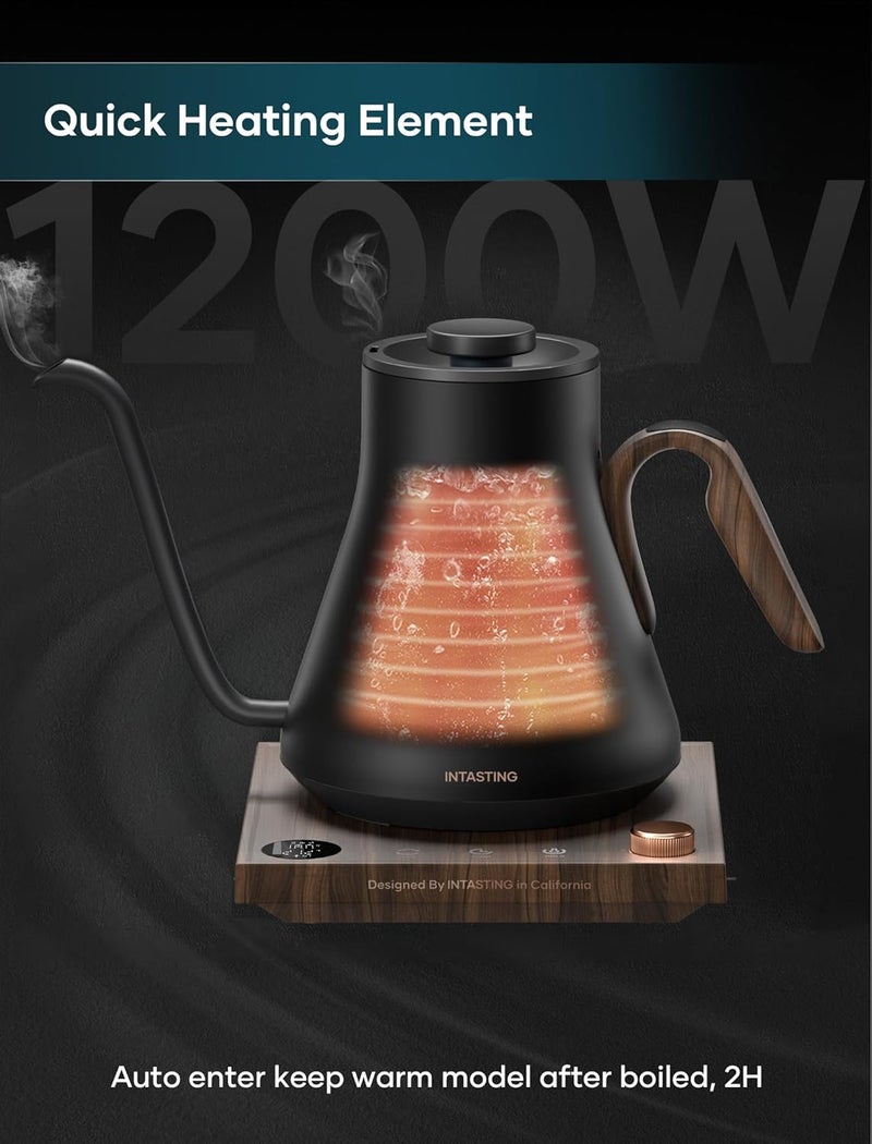 intasting Electric Kettle, Gooseneck Electric Kettle, ±1℉ Precise Temperature Control, Stainless Steel Interior, Quick Heating for Pour Over Coffee, Tea & Boiling Water, 0.9L (Onyx Black) - Image 5